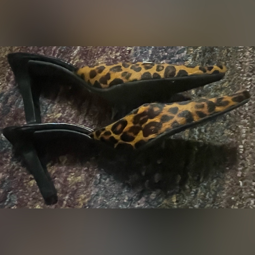 Gorgeous Dark Brown Leopard Pointed-Toe 3 1/2” Heeled Mules Calf Hair Leather - Picture 7 of 13